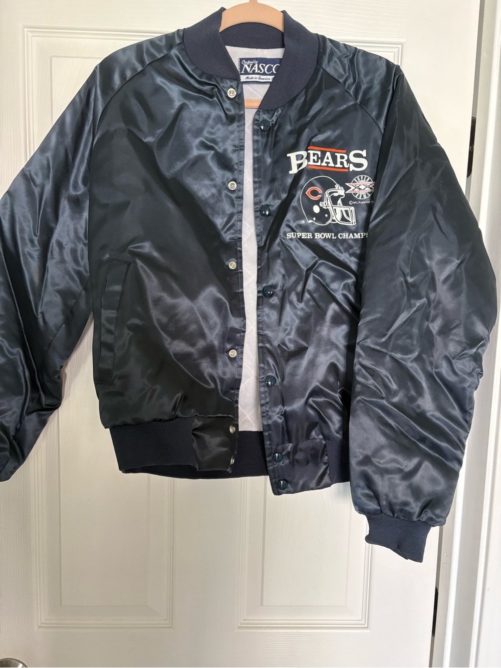 Chicago Bears Navy Satin Bomber Jacket - Vintage Style